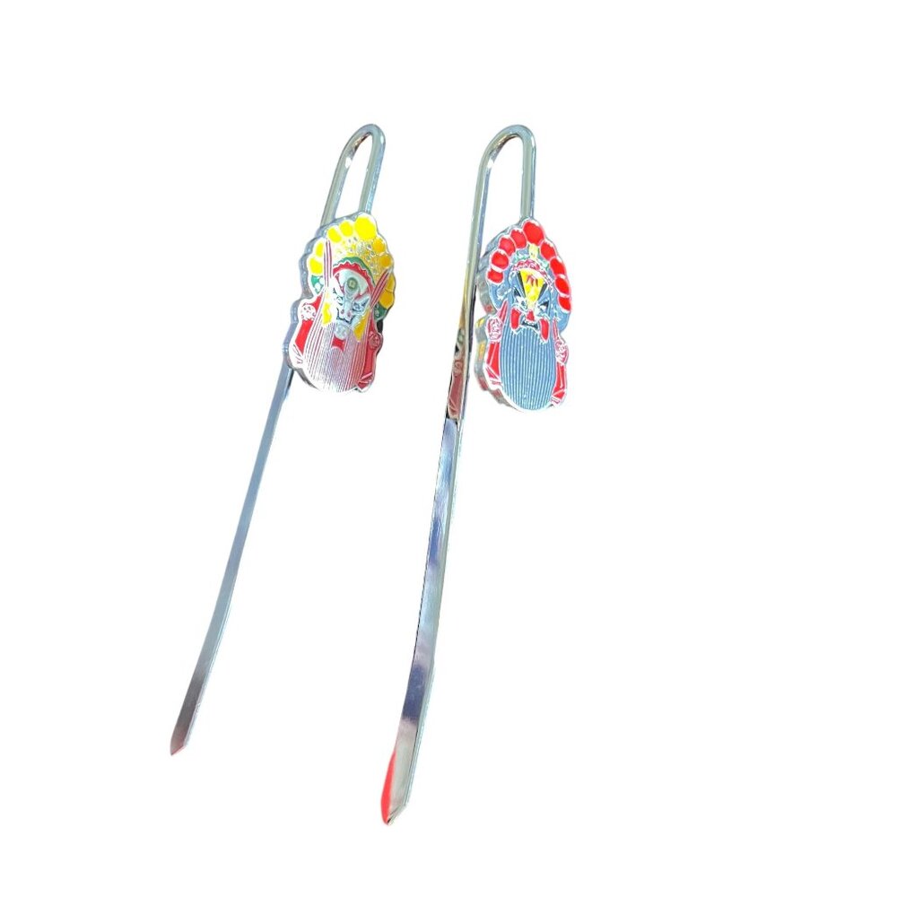 Chinese Peking Opera Mask‎ 2 Bookmark Set Gold Metal & Enamel